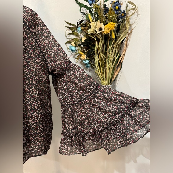 Buddy Love Brown and Cream Ruffled 3/4 Bell flowy Sleeves sheerBlouse size Med - Picture 7 of 10